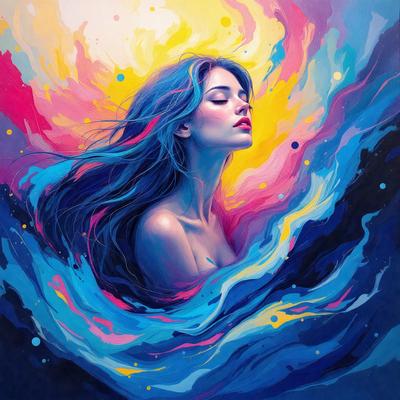 The primary subject of the image is a woman with long hair, who is looking upward. She is the main focus of the image. The setting is a colorful, abstract background that adds a vibrant and artistic touch to the scene. The visual style is a combination of digital art and illustration, creating a unique and eye-catching piece of art. The colors and mood of the image are predominantly blue and pink, giving it a warm and inviting atmosphere.